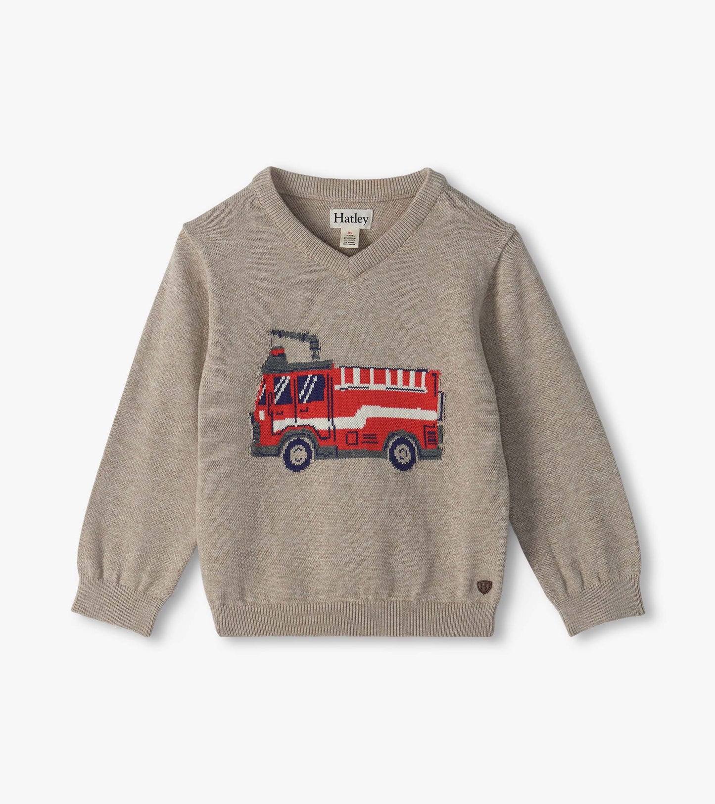 Kids beige V-neck sweater with long sleeves and a red firetruck graphic on the front