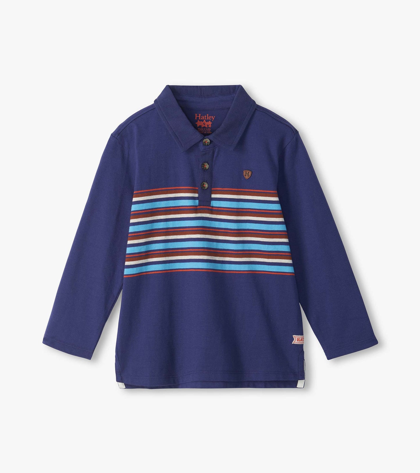 Kids blue rugby shirt with collar, long sleeves, and multicolor horizontal chest stripes