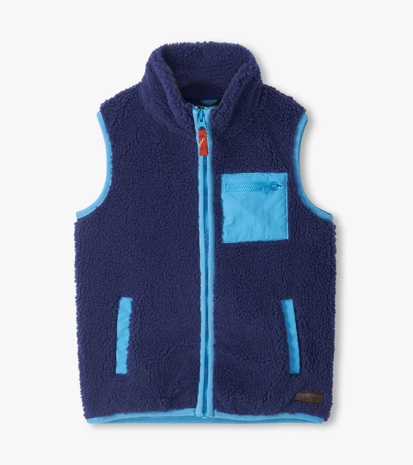 Patriot blue sherpa vest with light blue trim, front zip, stand collar, and zip chest pocket