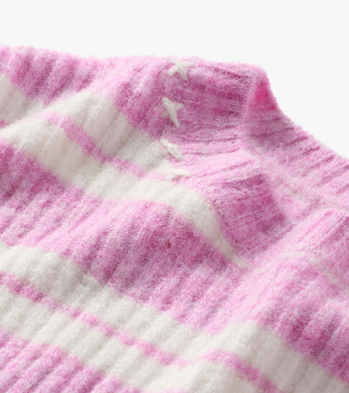 Close-up of Quinn sweater neckline with pink and cream stripes and small stitched stars