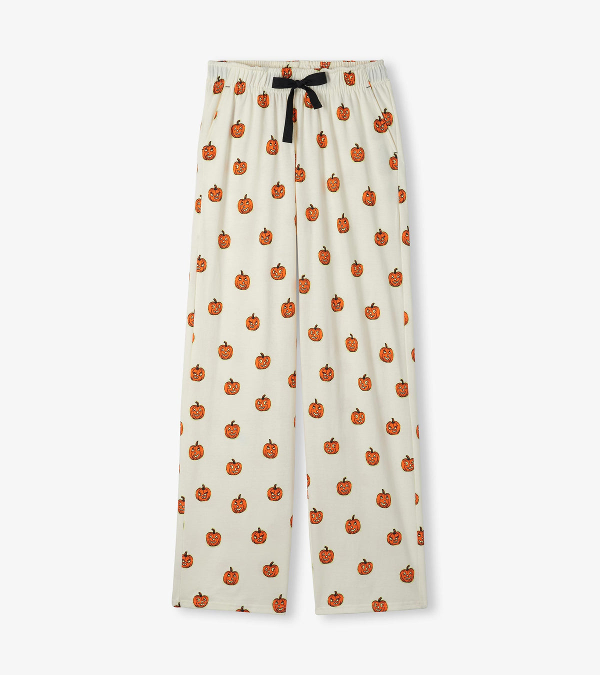 Cream pajama pants with orange jack-o'-lantern print, wide legs, and black ribbon drawstring waist