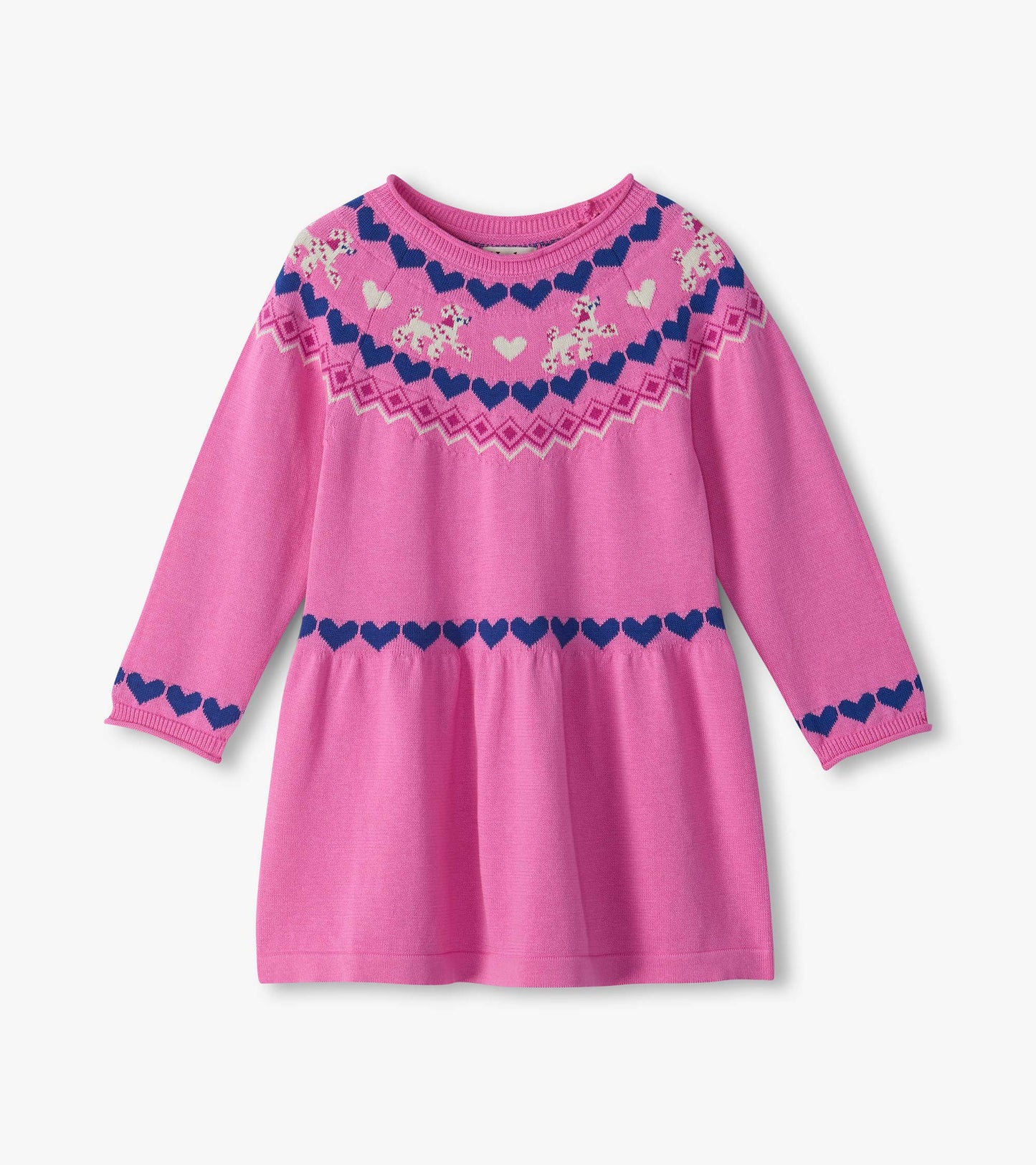 Pink long-sleeve sweater dress with blue heart trim and dog motif across the chest and waist