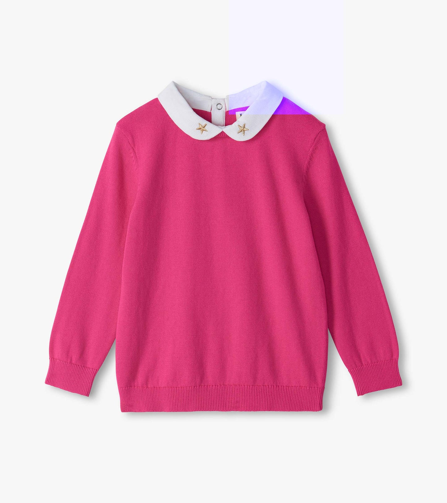 Pink long-sleeve sweater with white Peter Pan collar and gold star embroidery on the collar tips