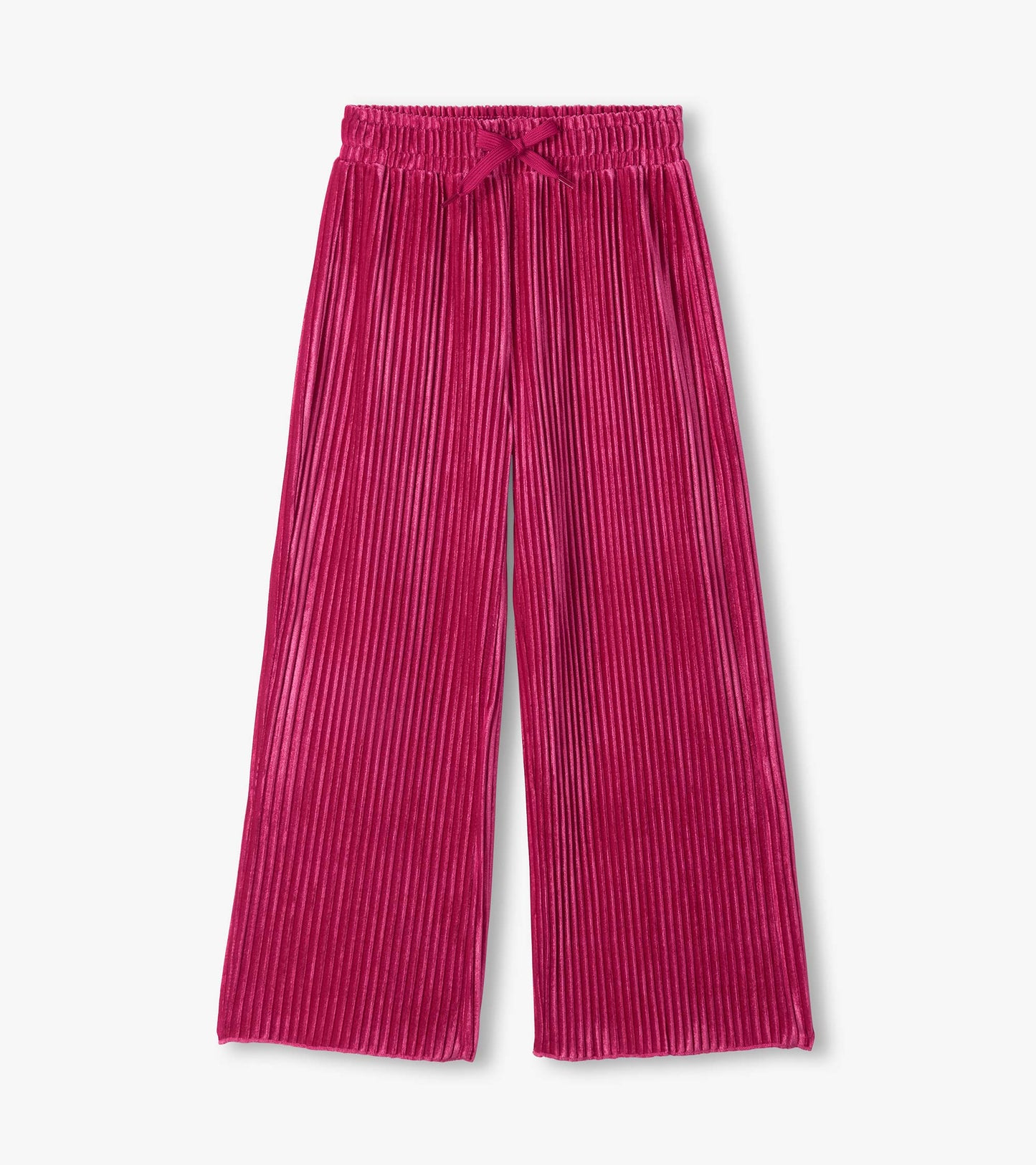 Bright pink pleated relaxed pants with an elastic drawstring waist and wide straight legs