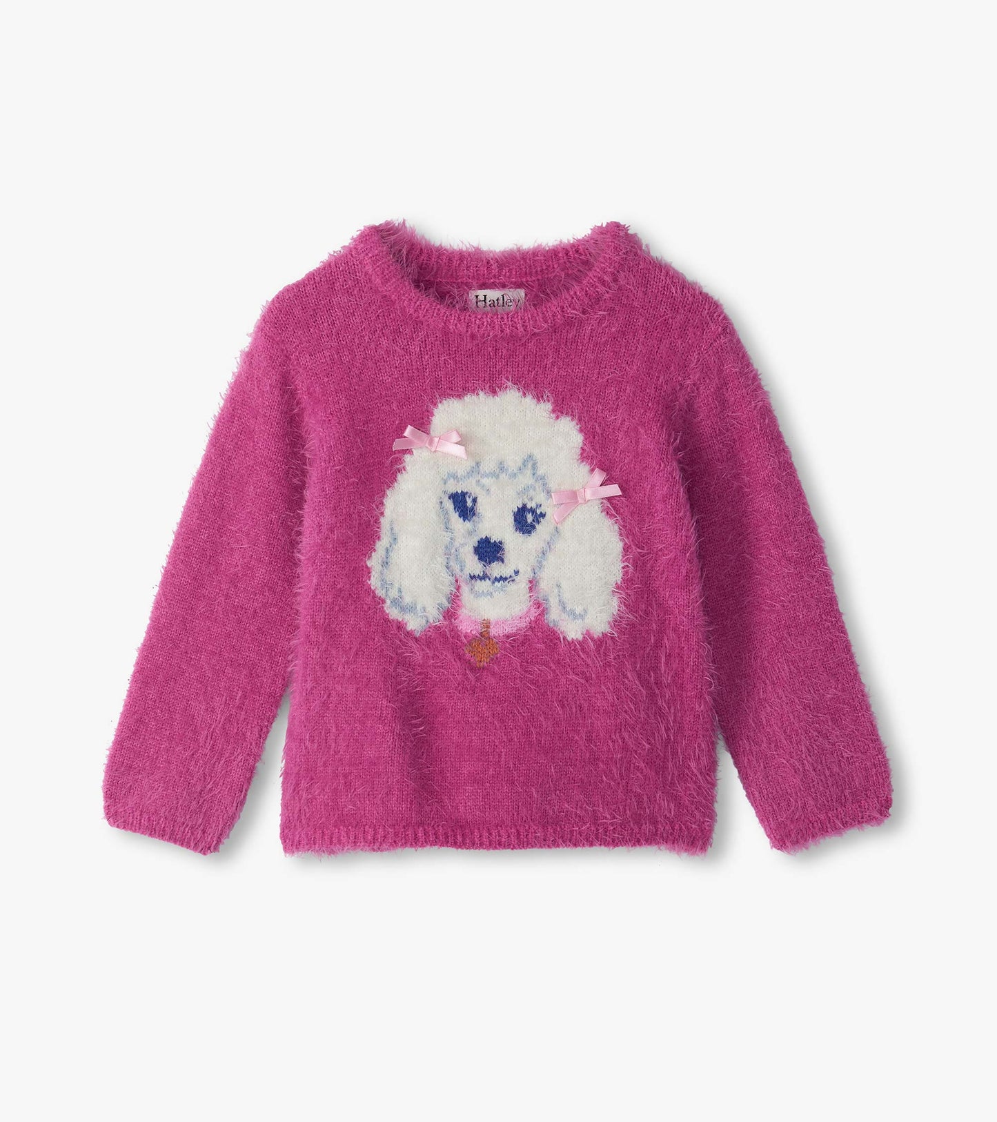 Pink fuzzy knit sweater with a white poodle graphic and two pink bows on the front