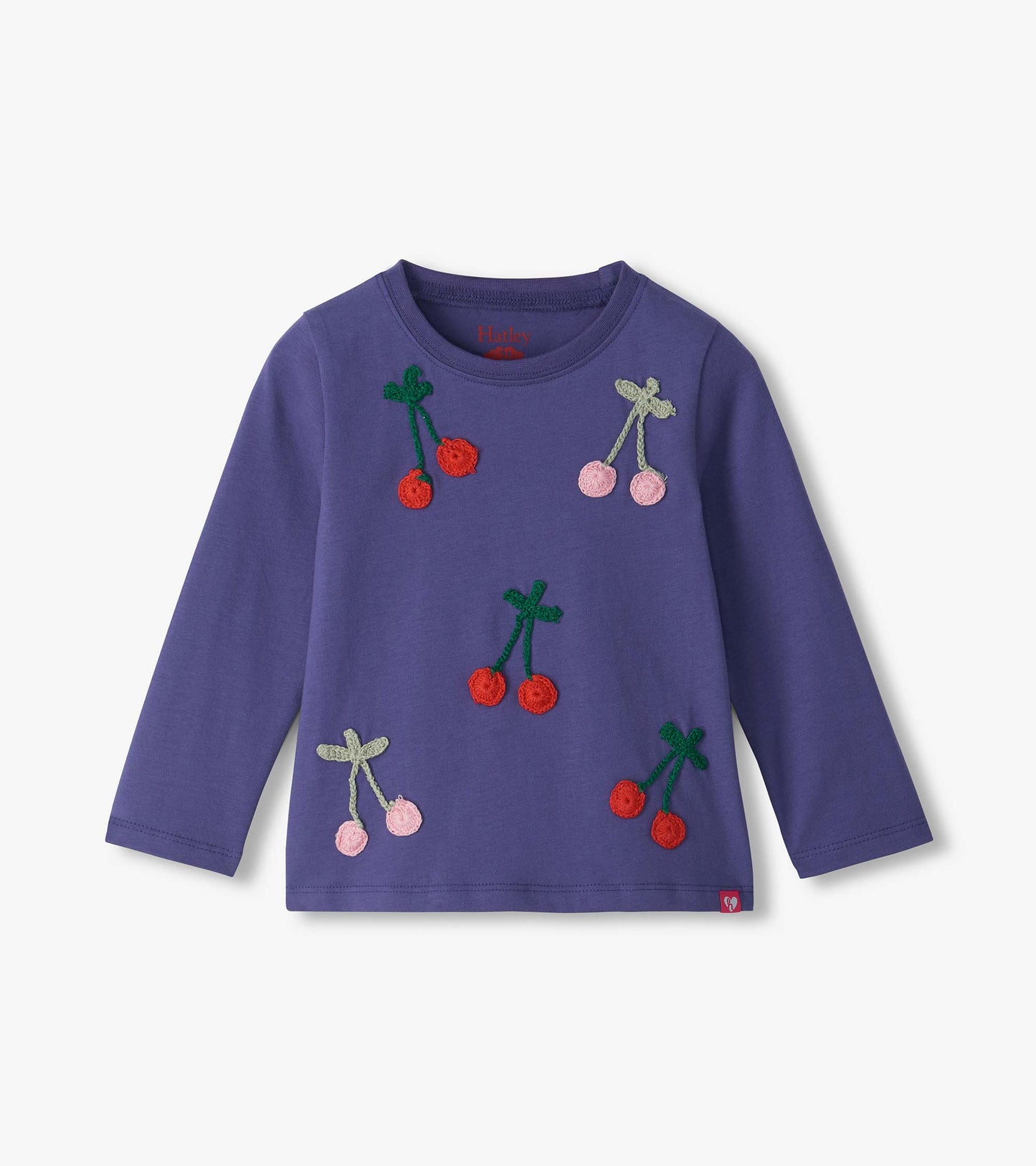 Purple long-sleeve infant tee with crochet cherry appliqués on the front and crew neckline
