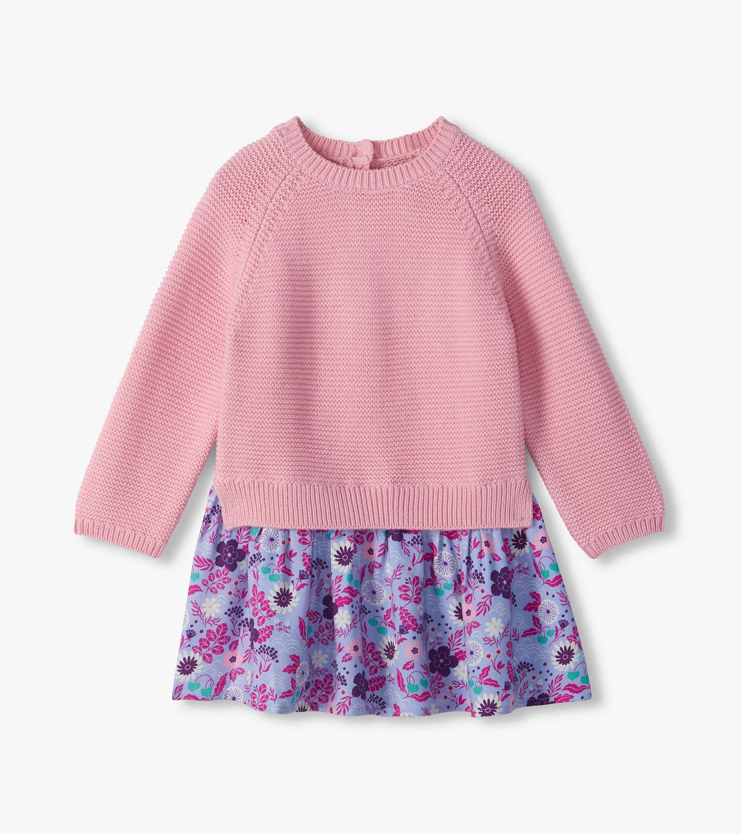 Infant sweater dress with pink knit top and light blue skirt with pink and purple floral print