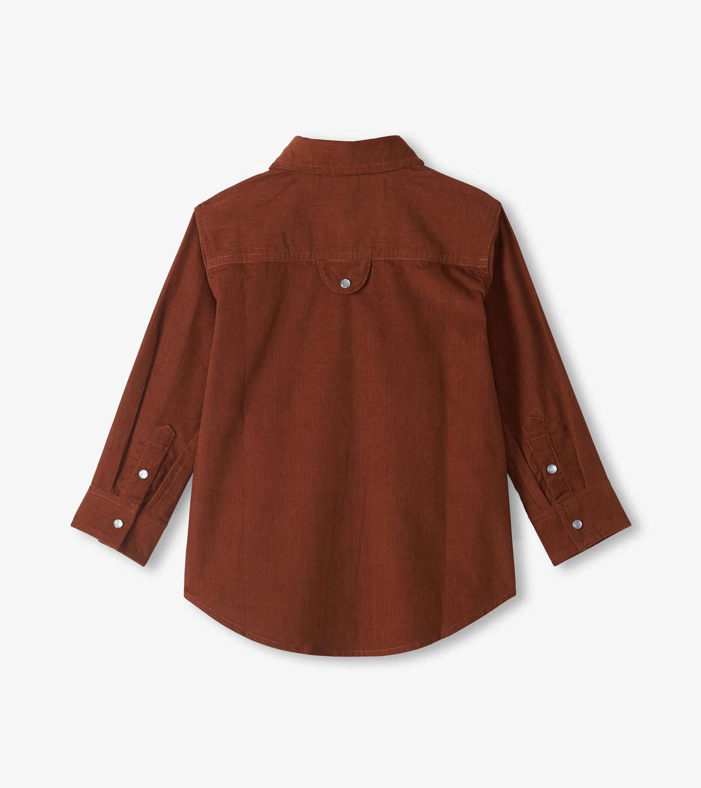 Back view of boys' brown long-sleeve button-down shirt with yoke detail and snap cuff closures