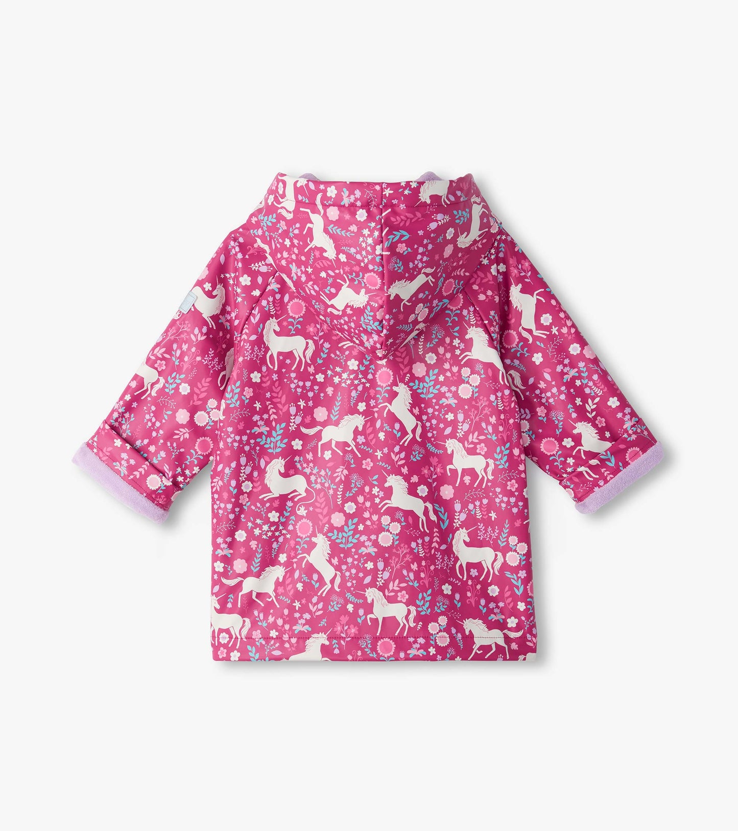 Back view of pink hooded rain coat with white unicorn and floral print and lavender lining at the cuffs