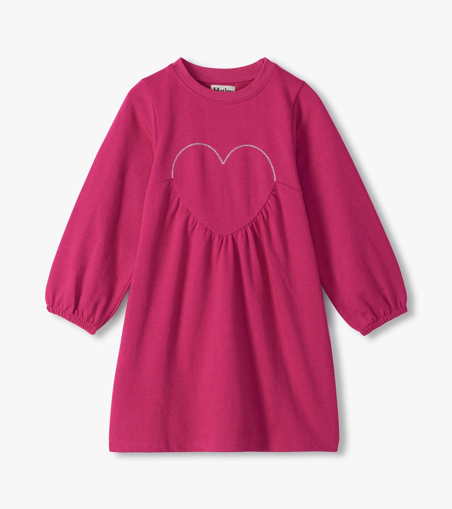 Kids berry pink long sleeve dress with a heart applique detail on the chest and gathered front