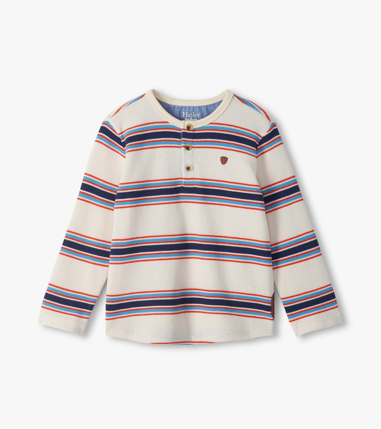 Kids long sleeve waffle henley in cream with blue, navy, and red horizontal stripes
