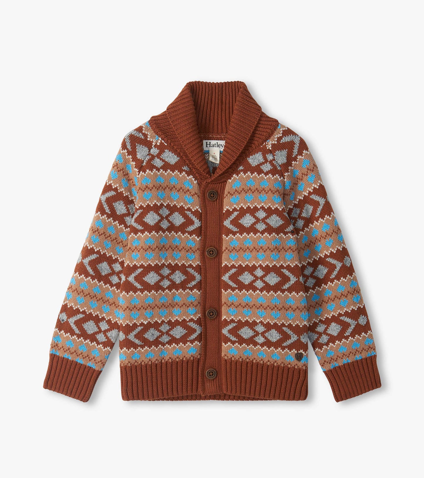 Kids shawl collar cardigan in brown with blue and gray Fair Isle pattern and front buttons