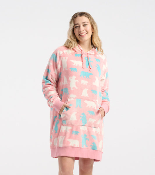 Oversized pink fleece hoodie featuring polar bear patterns and a front pocket, ideal for casual wear.