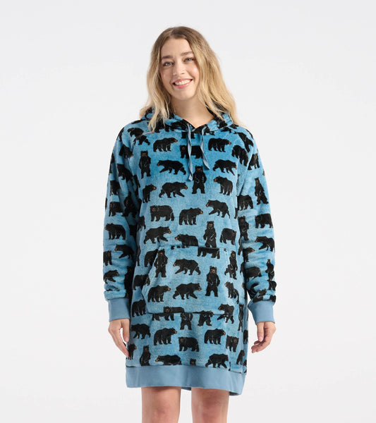 Oversized fleece hoodie in blue with black bear pattern, featuring a drawstring hood and front pocket.