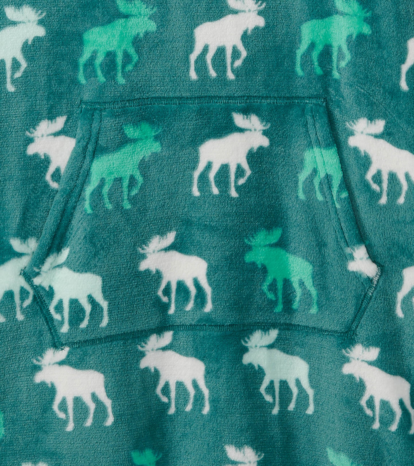 Oversized fleece hoodie in teal with a moose silhouette pattern and a front pocket.