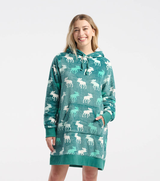 Oversized fleece hoodie in mint green with white moose silhouettes, featuring a front pocket and drawstring hood.