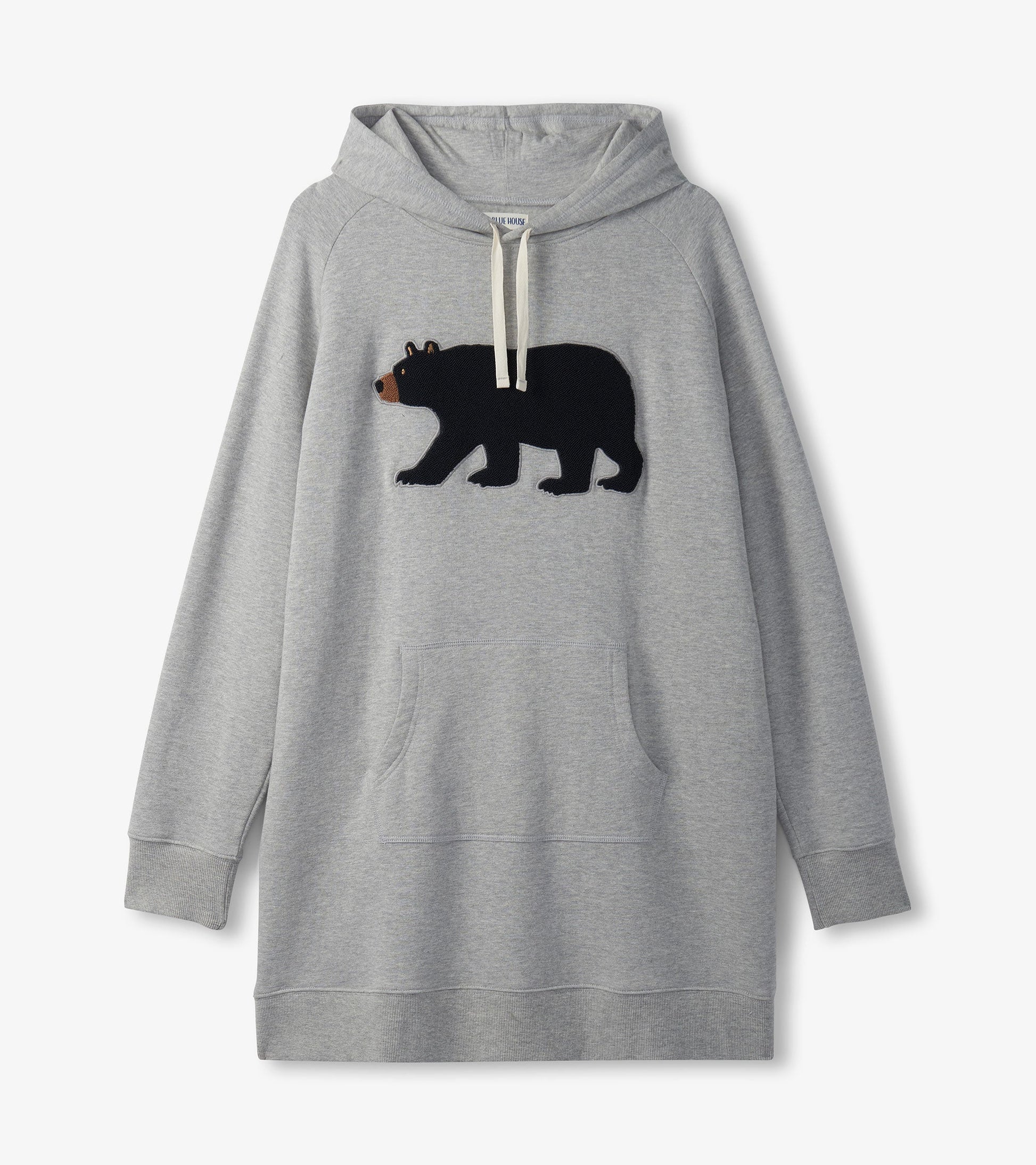 Gray oversized hoodie featuring a black bear graphic on the front and a kangaroo pocket.