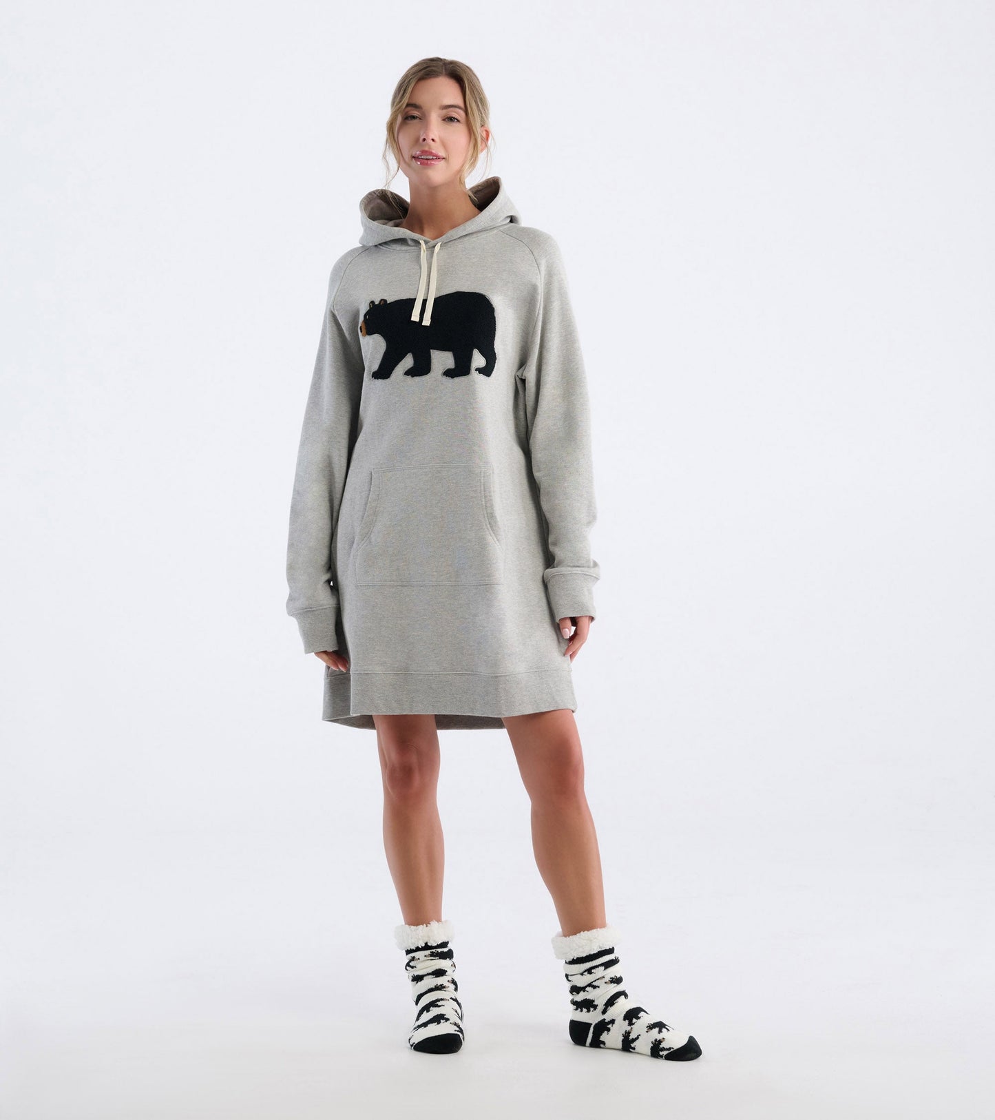 Gray oversized hoodie featuring a black bear graphic, with a front pocket and drawstring hood.