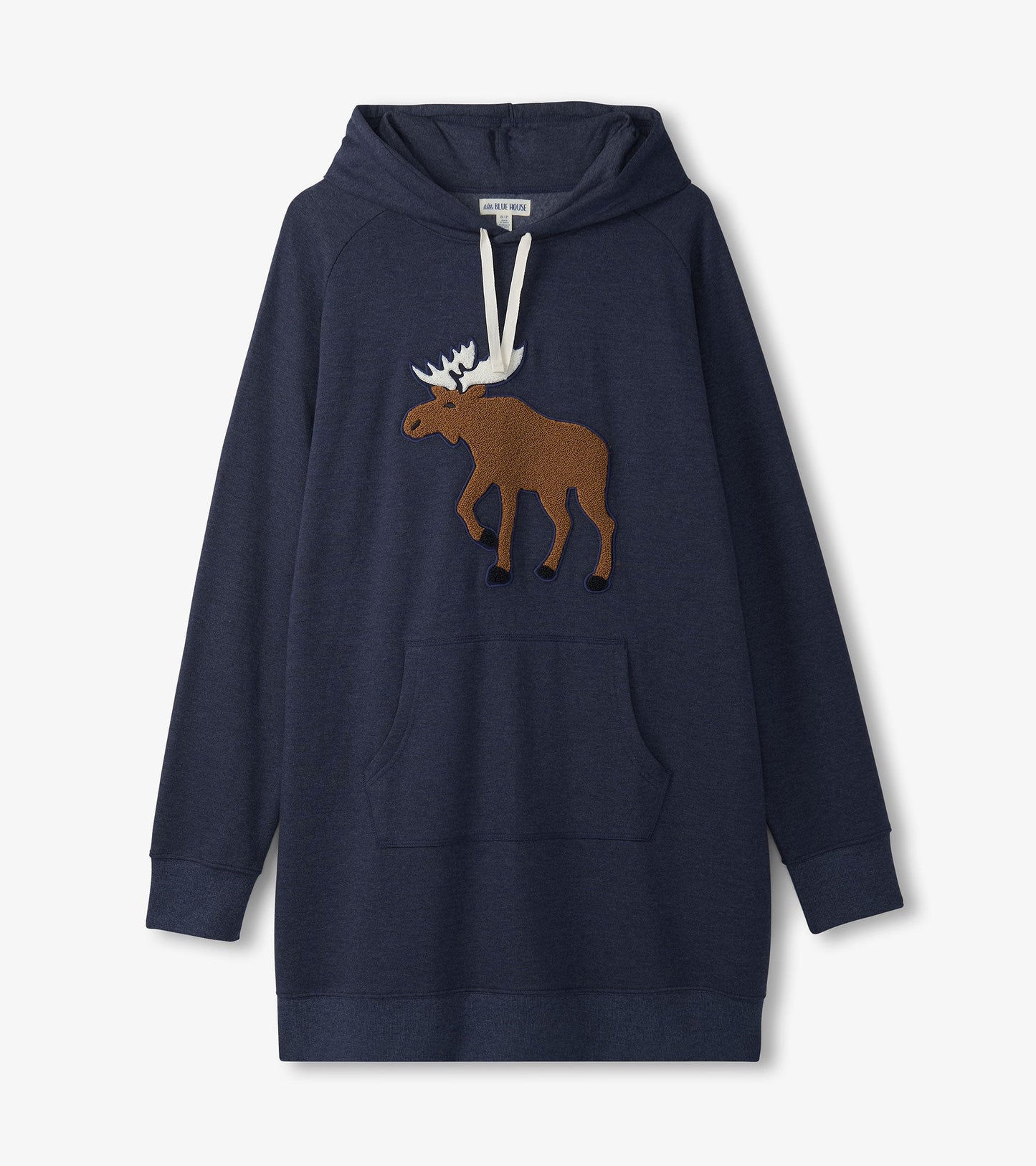 Navy oversized hoodie featuring a brown moose design and a front pocket, suitable for casual wear.