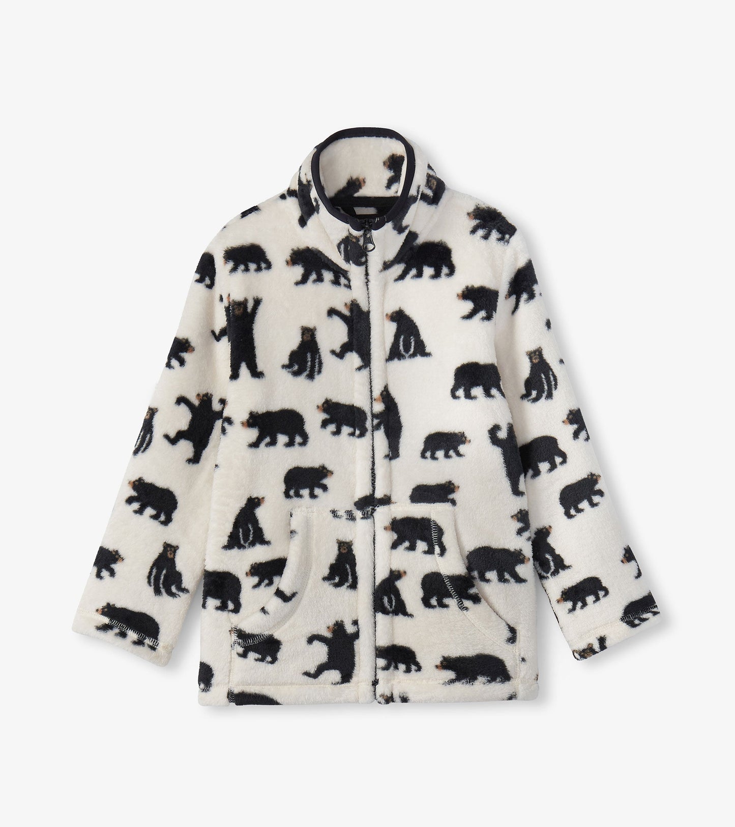 Fleece zip-up jacket featuring a cream background with black bear silhouettes and two front pockets.