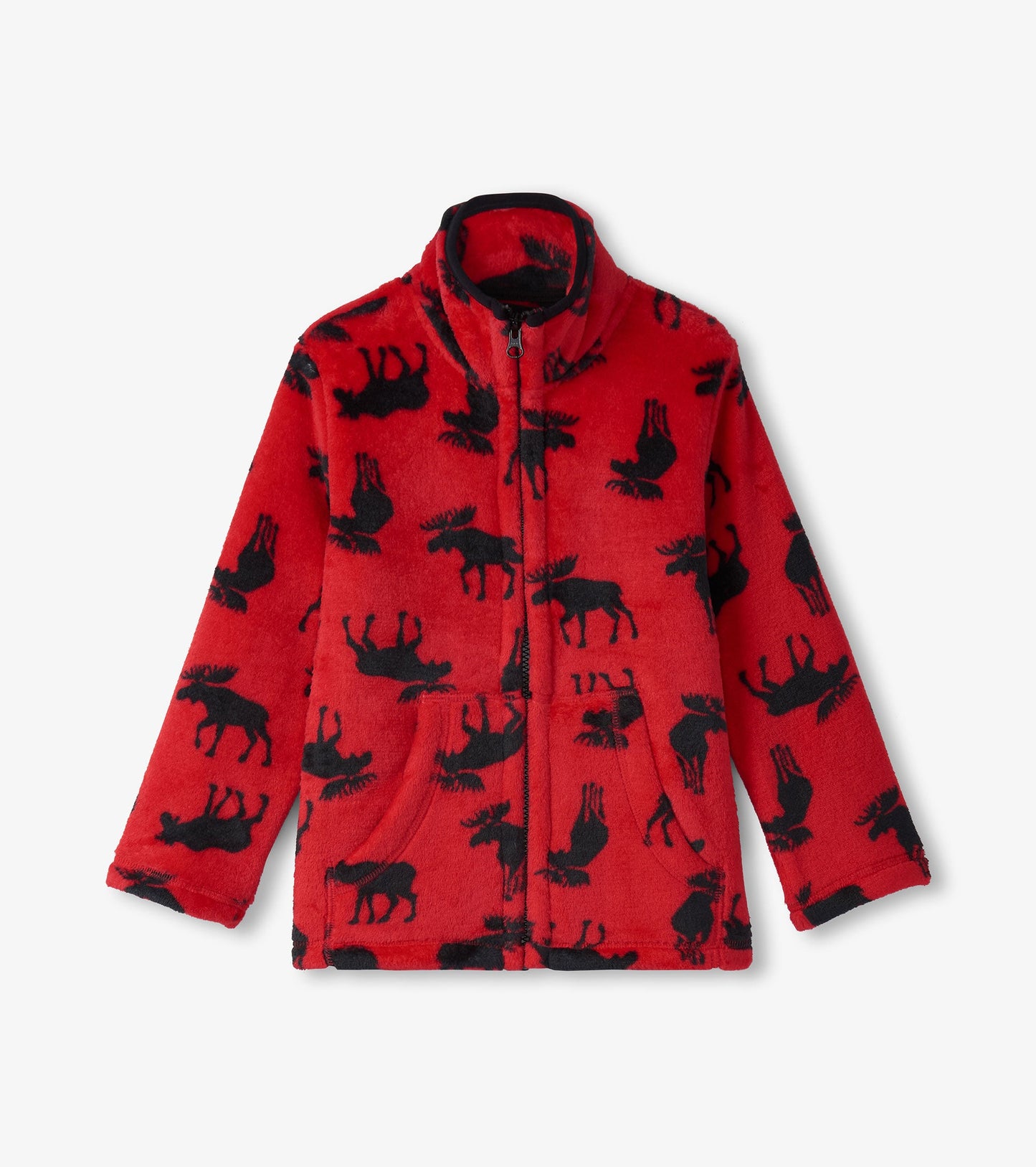 Red fleece zip-up jacket featuring a black moose pattern, with a high collar and front pockets.