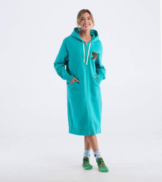 Turquoise oversized zip-up hoodie with bear embroidery, featuring a hood and front pockets, ideal for casual wear.