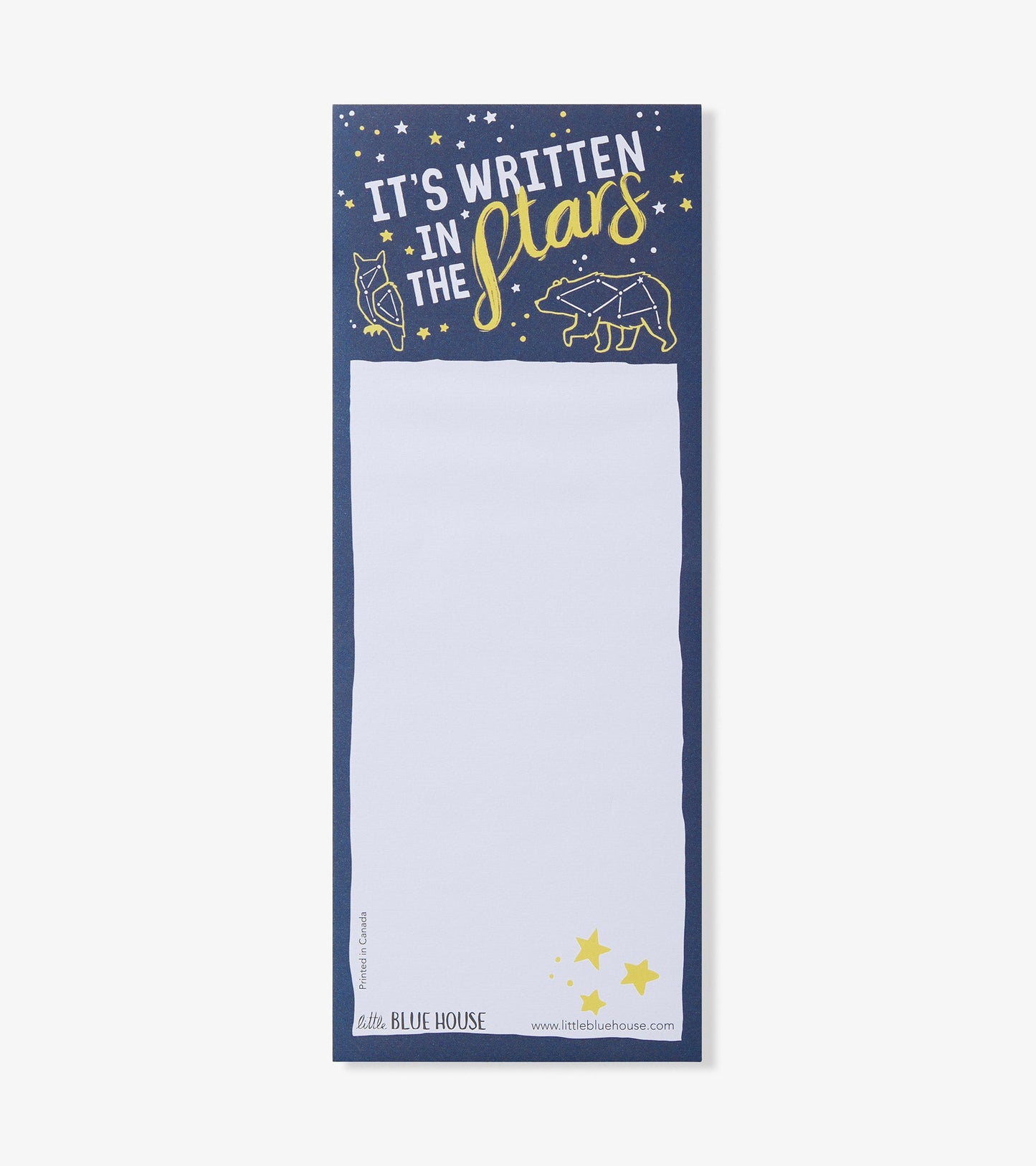 Navy magnetic notepad with "It's Written in the Stars" text, featuring star and animal graphics, blank writing space.