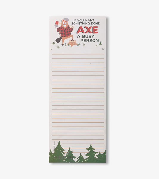 Magnetic notepad with a cartoon character, lined pages, and a forest design at the bottom.