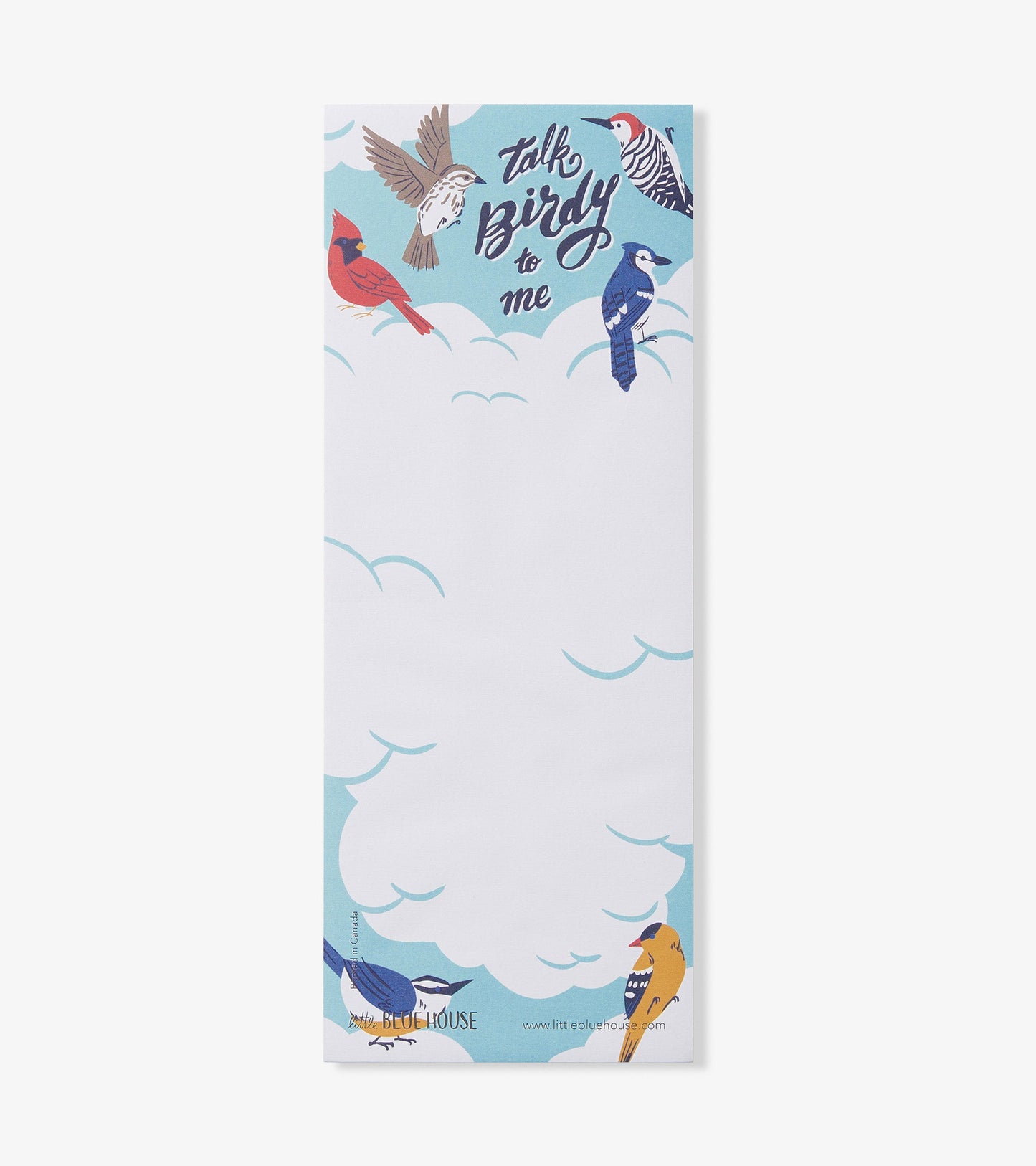 Magnetic notepad featuring colorful birds and clouds with the text "Talk Birdy to Me" at the top.