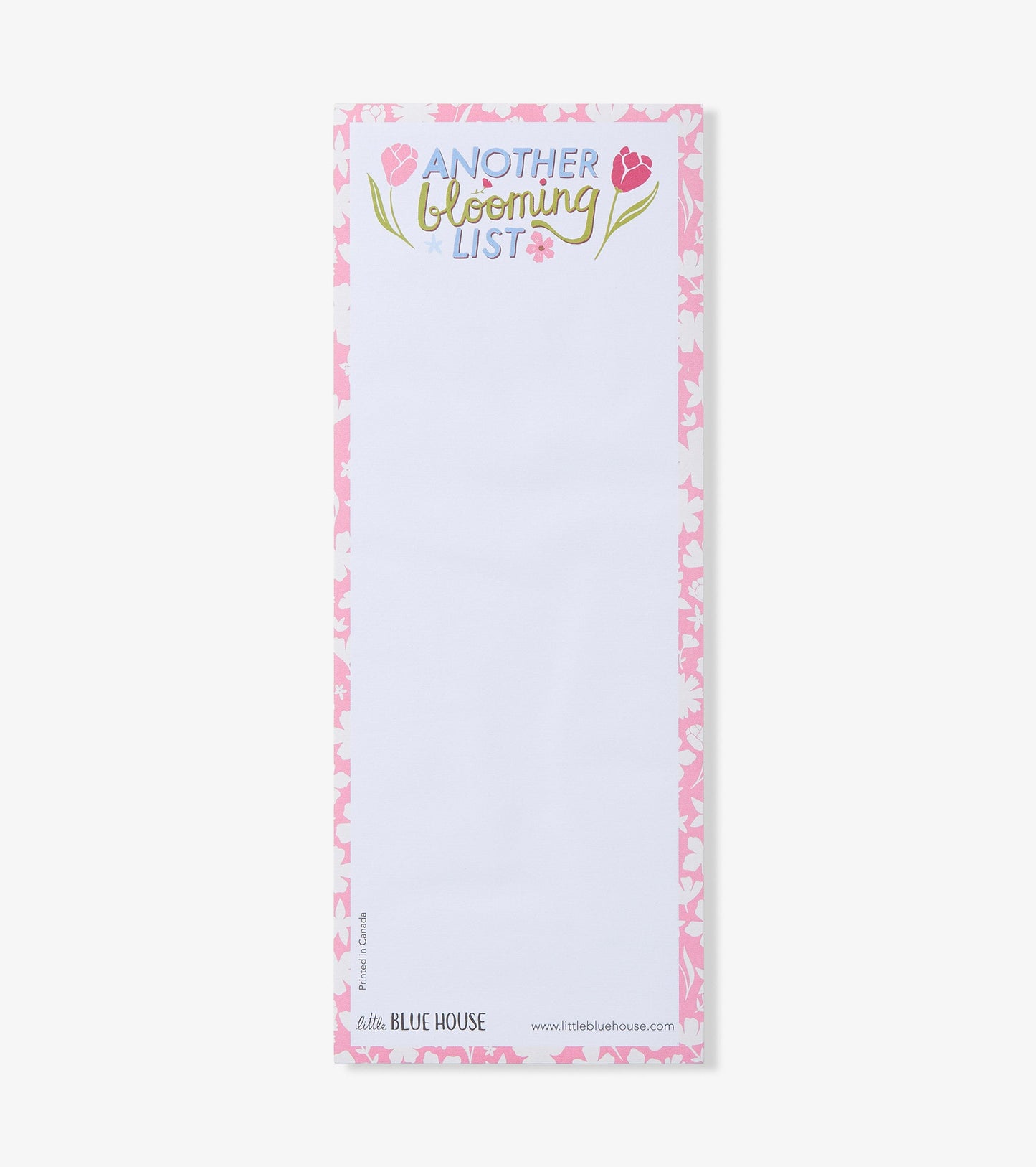 Notepad with a white surface, bordered by a pink floral pattern, featuring the text "ANOTHER blooming LIST" at the top.