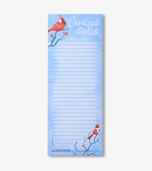 Magnetic notepad with a light blue background, featuring red cardinals and lined sections for notes.