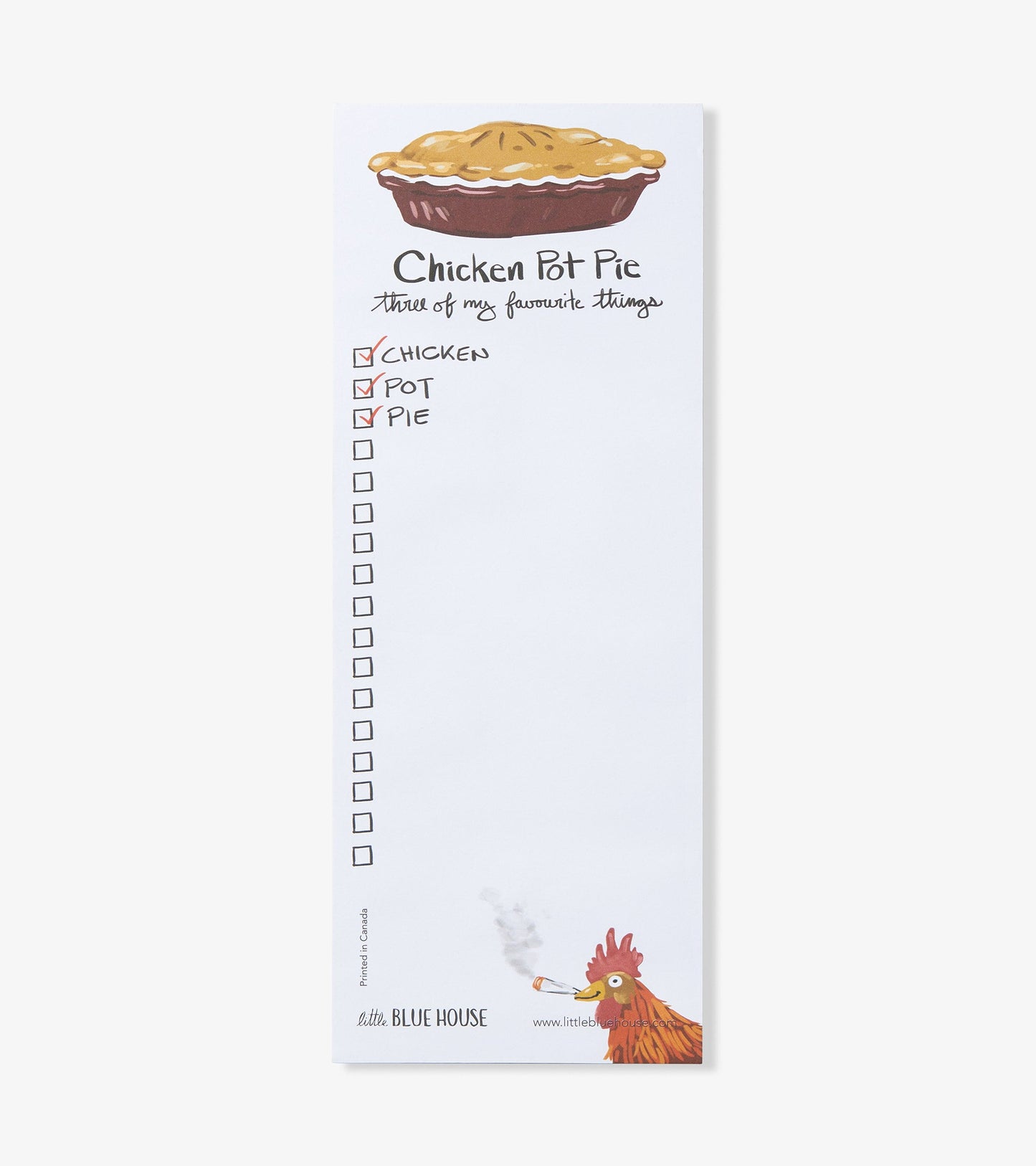 Magnetic notepad featuring a chicken pot pie illustration and checkboxes for items like chicken, pot, and pie.