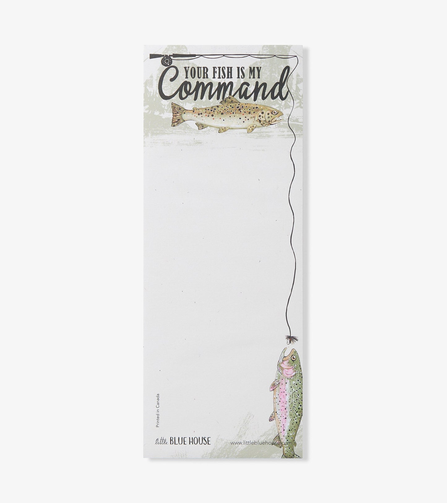 Magnetic notepad featuring a fishing theme with a colorful fish illustration and the text "Your Fish Is My Command.