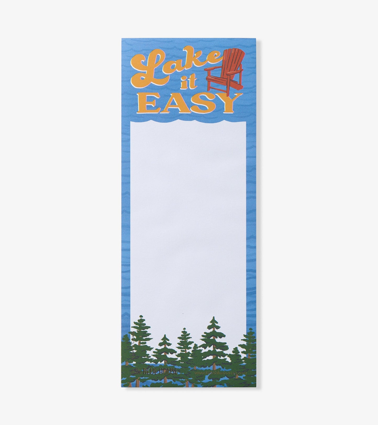Magnetic notepad featuring a blue lake scene, "Lake it Easy" text, and green trees at the bottom. Blank writing area.