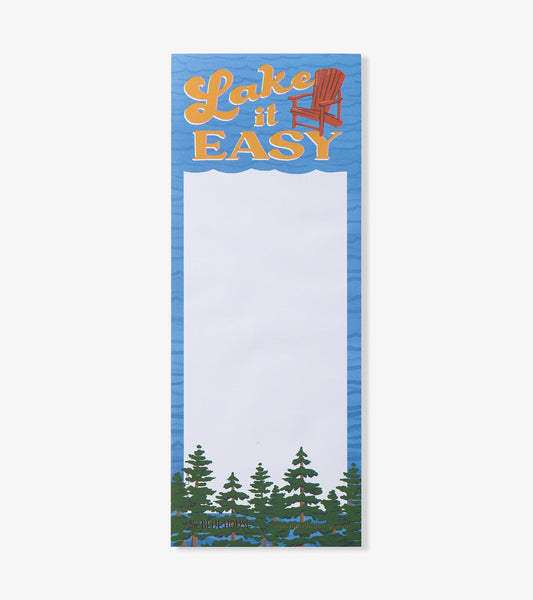 Magnetic notepad featuring a blue lake scene, "Lake it Easy" text, and green trees at the bottom. Blank writing area.