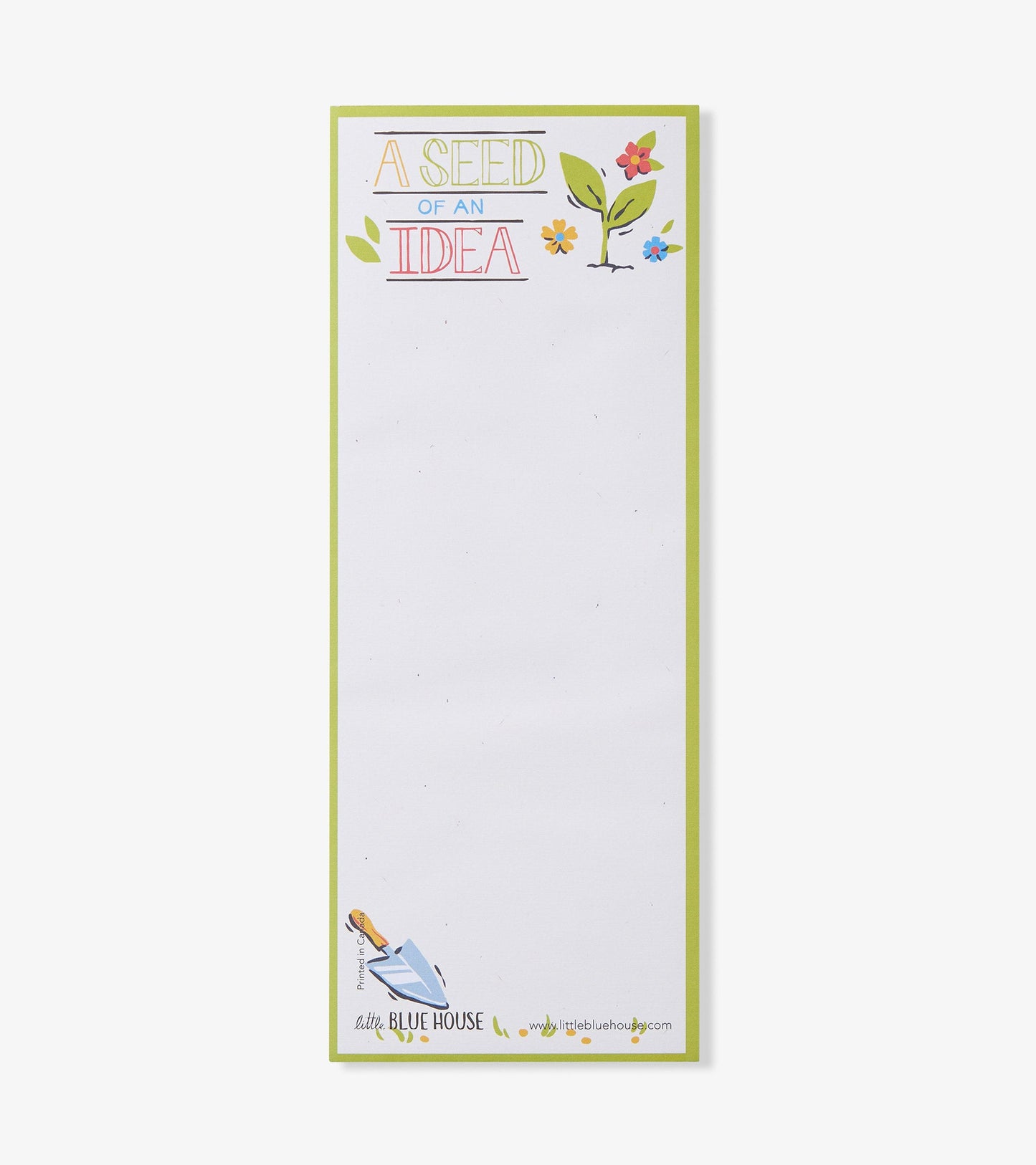 Magnetic notepad featuring colorful floral designs and the text "A Seed of an Idea" on a white background with a green borde…