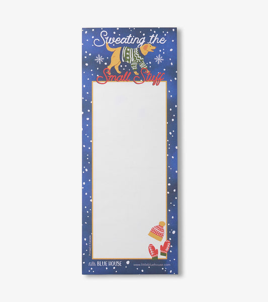 Magnetic notepad with a blue snowy background, featuring a dog in a sweater and space for notes.