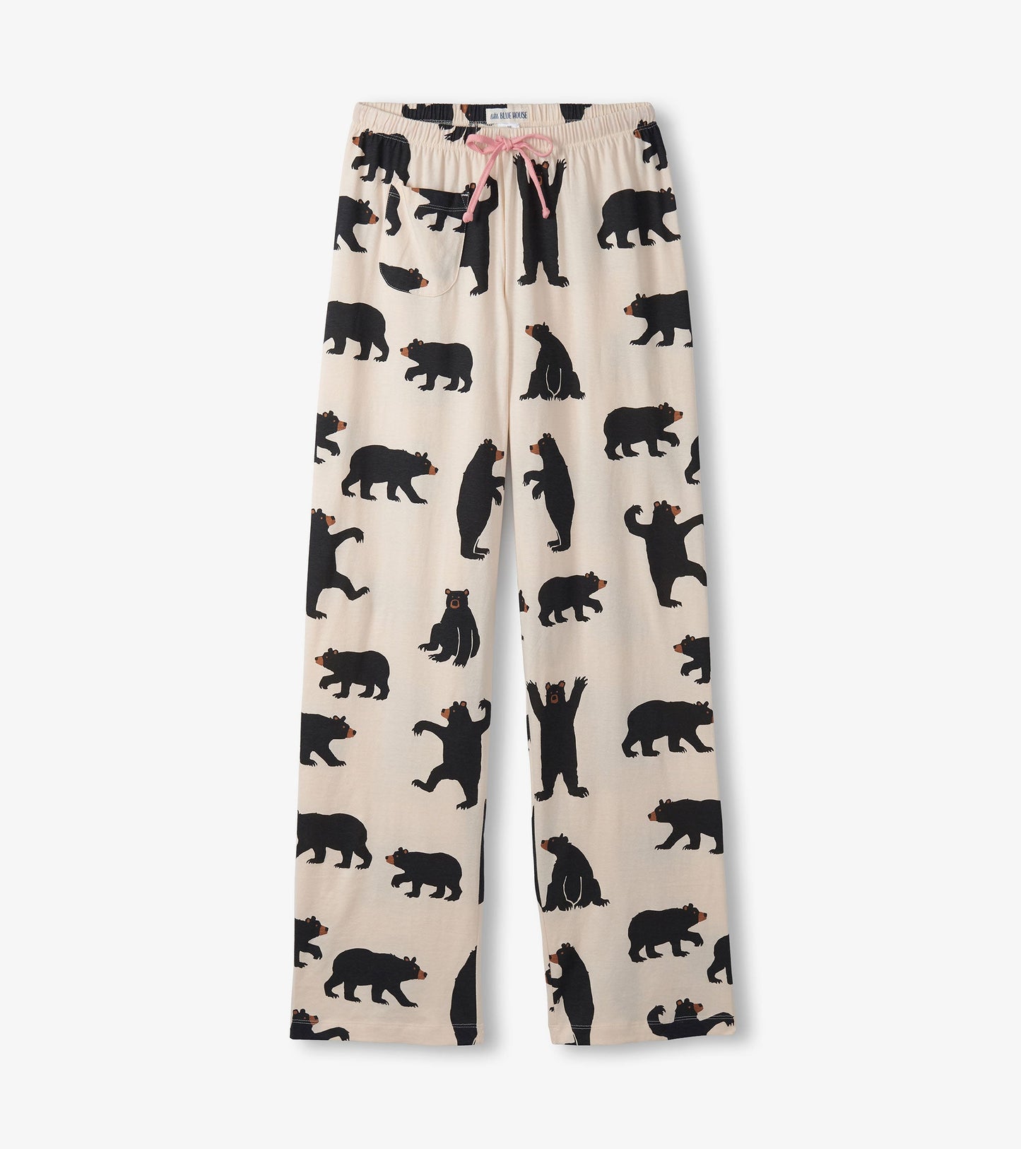 Black cotton pajama pants featuring a playful bear pattern on a light background, with an elastic waistband and drawstring.
