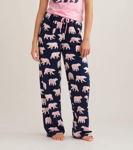 Navy cotton pajama pants featuring a playful pink bear pattern and an elastic waistband with a drawstring.