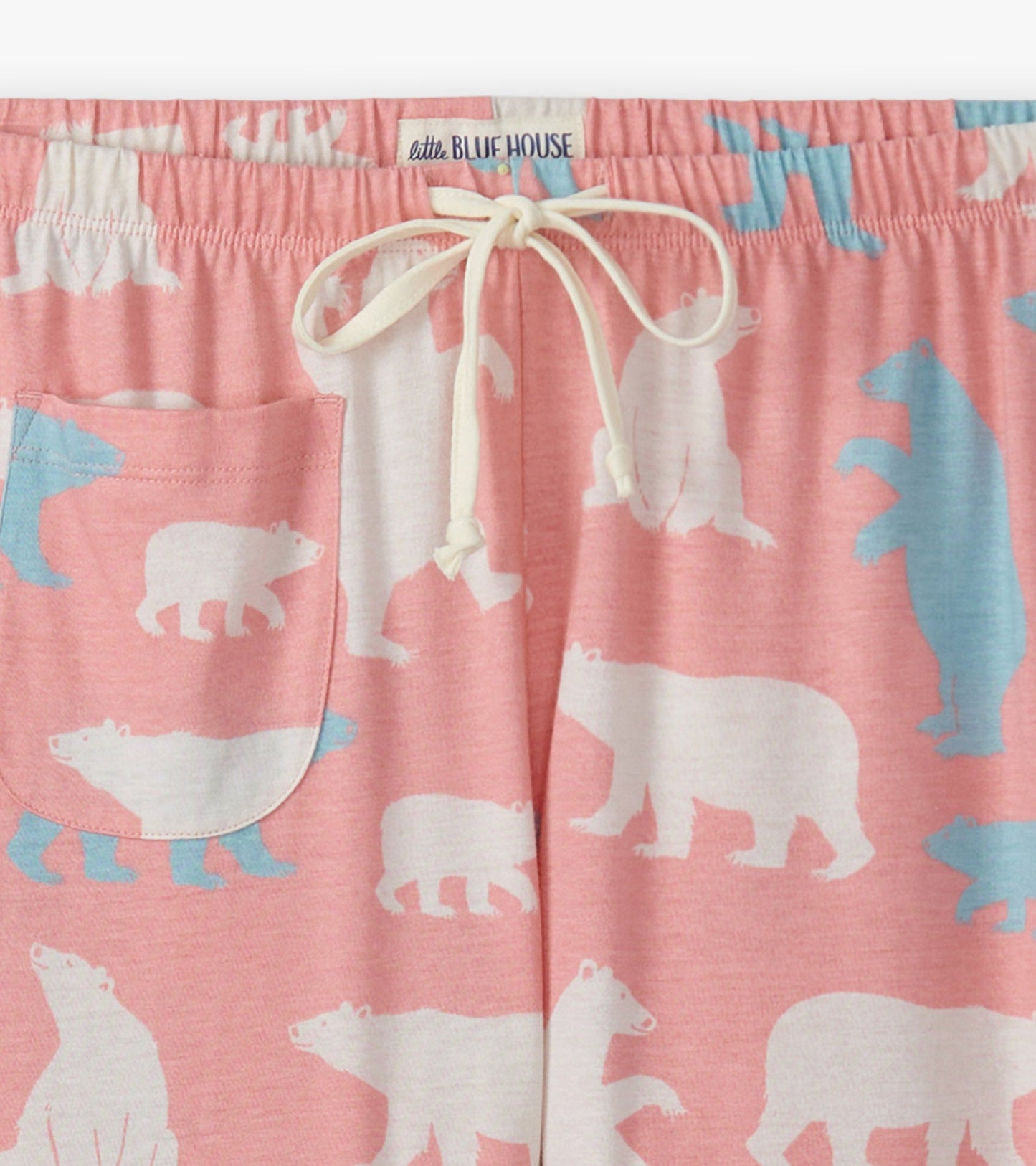 Pink cotton pajama pants featuring a playful polar bear pattern and a drawstring waist with a side pocket.