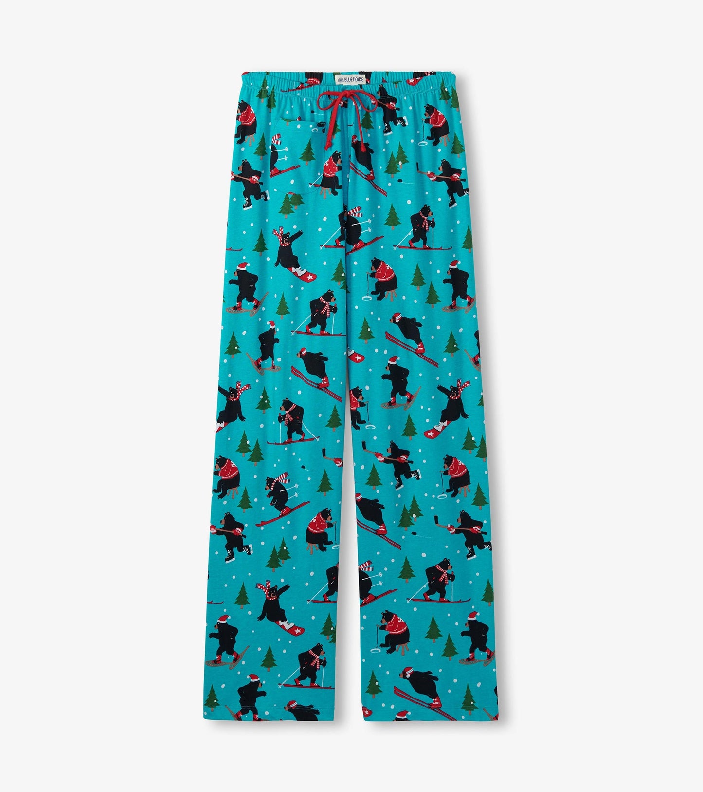 Turquoise cotton pajama pants featuring a playful winter sports pattern with bears, trees, and snowflakes.