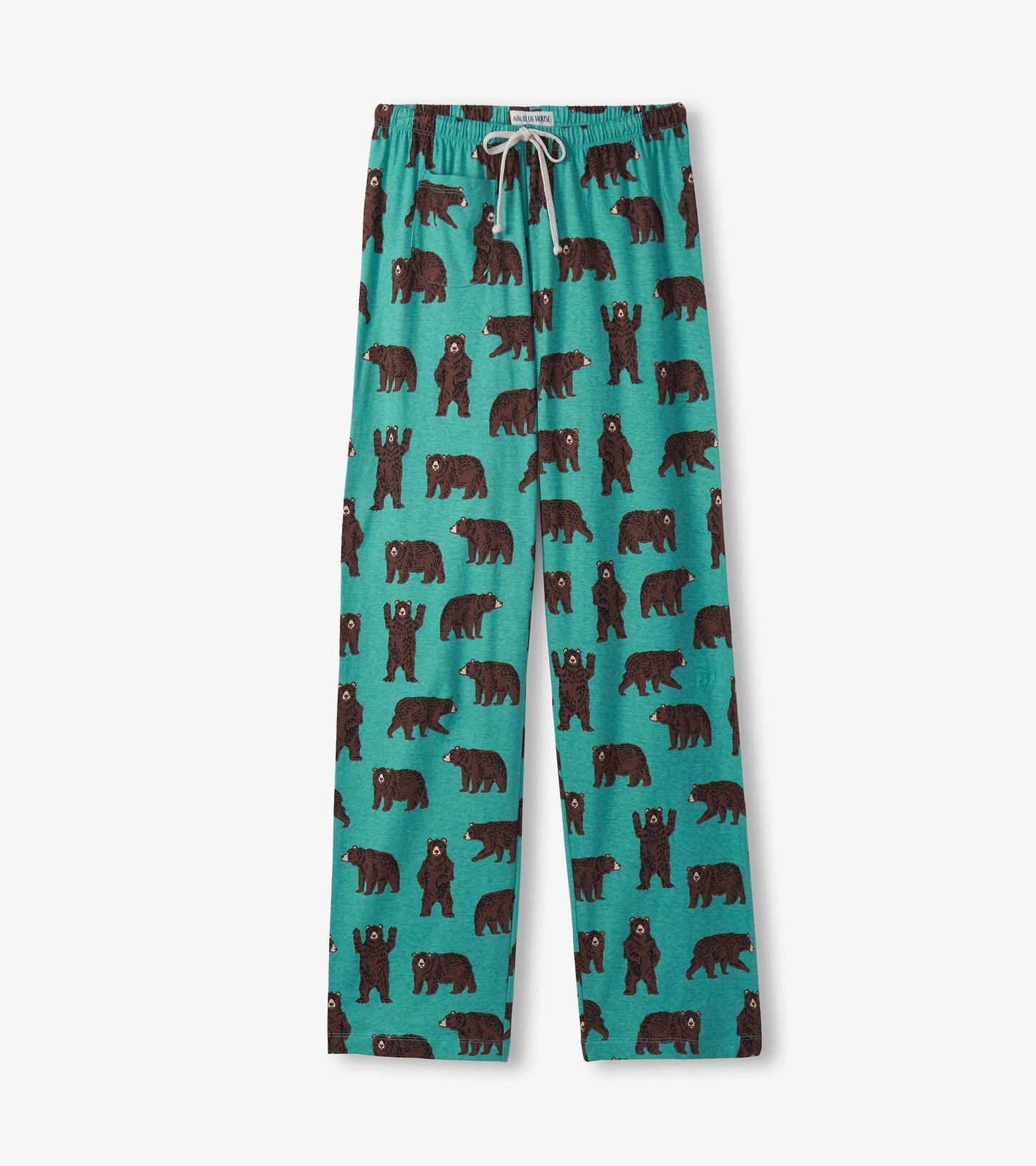 Turquoise cotton pajama pants featuring a playful brown bear pattern, with an elastic waistband and drawstring.