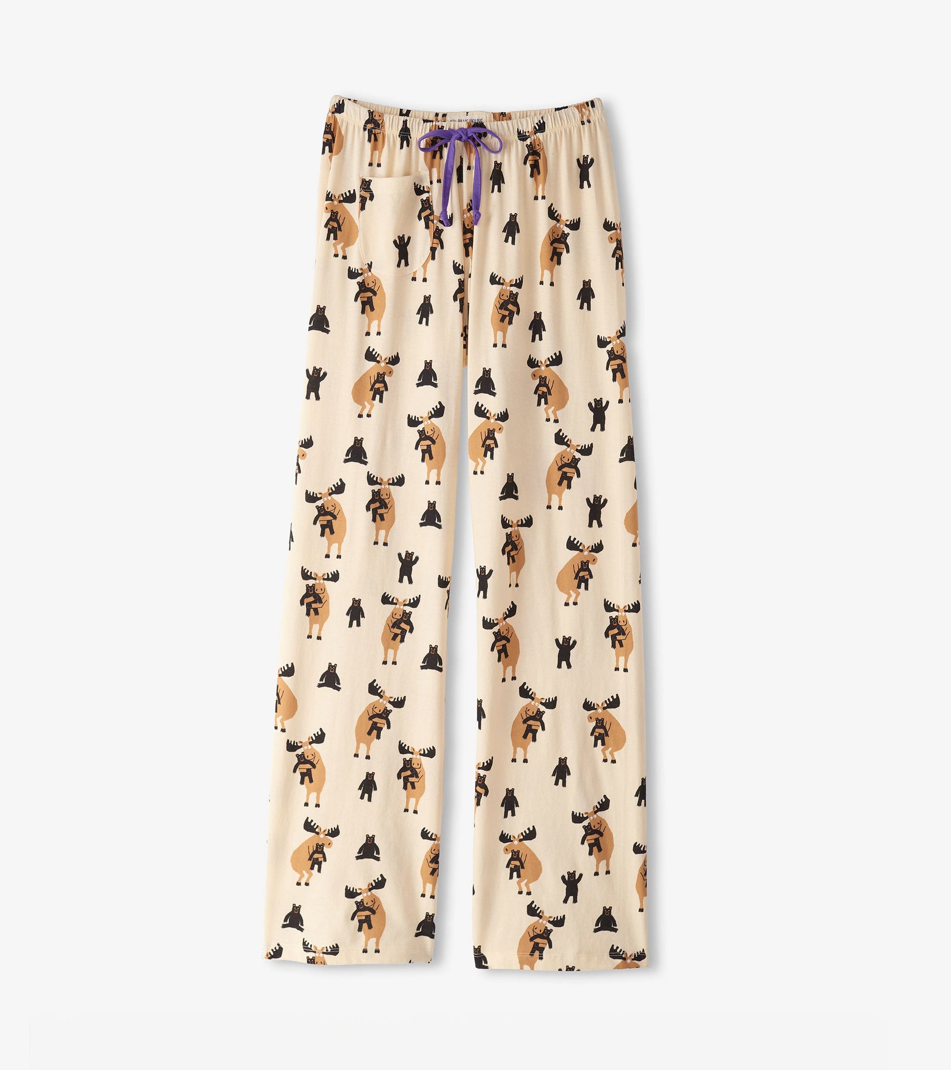 Beige cotton pajama pants featuring a playful moose and bear pattern, with a purple drawstring at the waist.