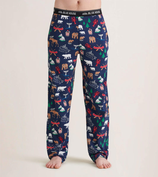 Navy cotton pajama pants featuring a playful pattern of animals and outdoor motifs, with an elastic waistband.