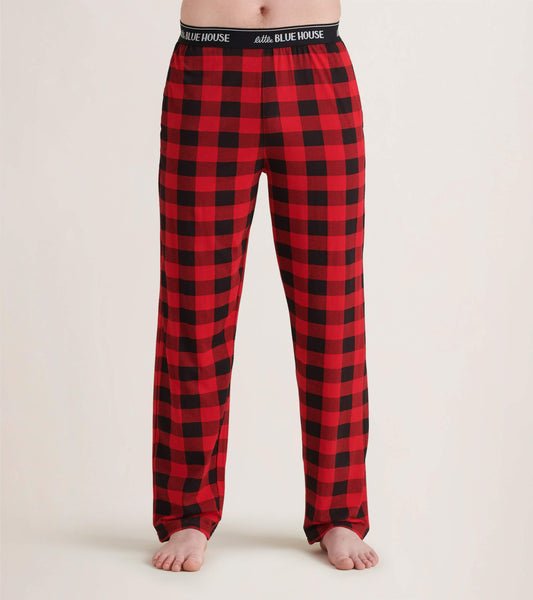 Red and black buffalo plaid men's stretch cotton pajama pants with an elastic waistband, shown from the front.