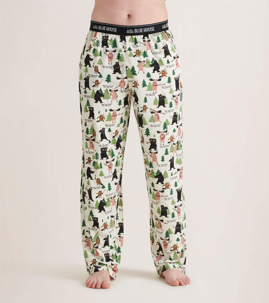 Men's stretch cotton pajama pants featuring a playful forest animal print on a light background.