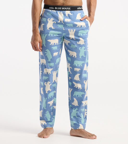 Men's cotton pajama pants in blue featuring a polar bear pattern, with an elastic waistband and side pockets.