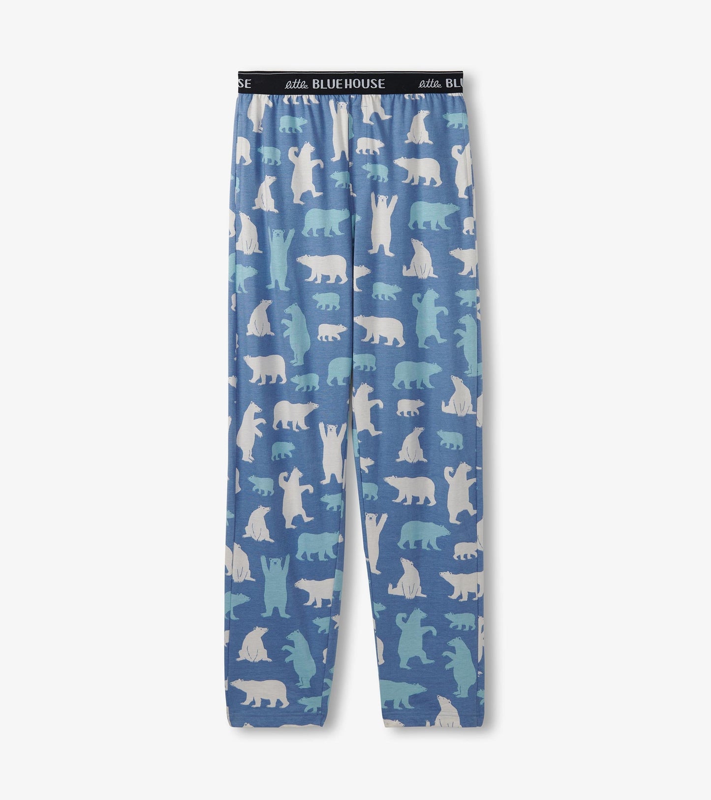Blue cotton pajama pants featuring a playful polar bear pattern in white and light blue. Elastic waistband visible.
