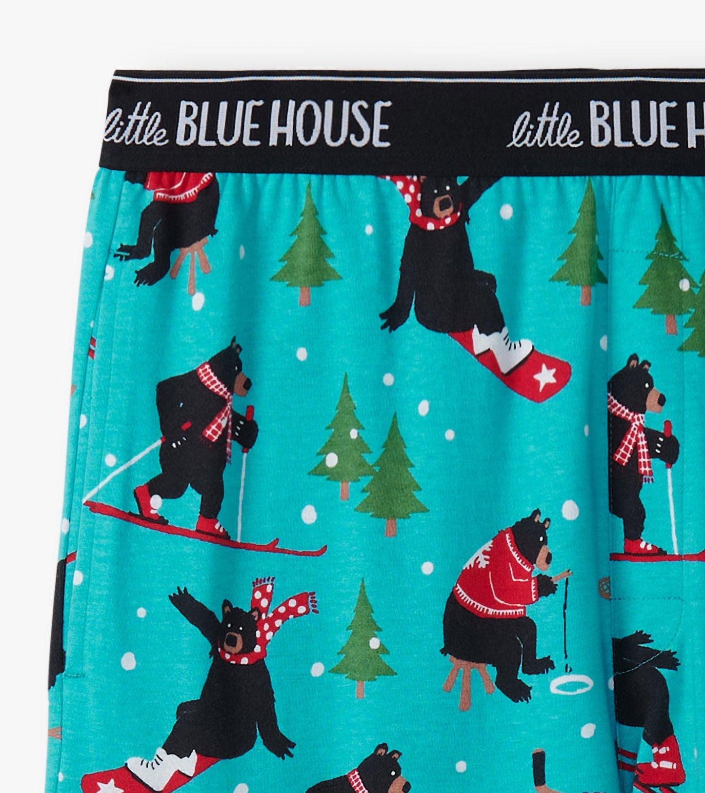 Turquoise cotton pajama pants featuring playful bear and tree patterns, ideal for winter lounging.
