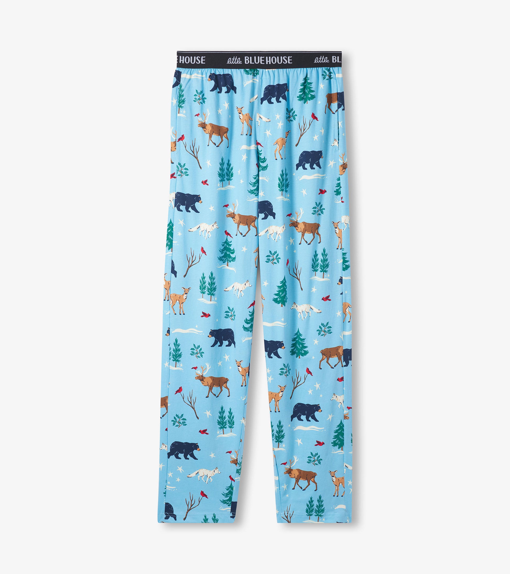 Light blue pajama pants featuring a winter wildlife pattern with bears, deer, and trees, designed for comfort and relaxation.
